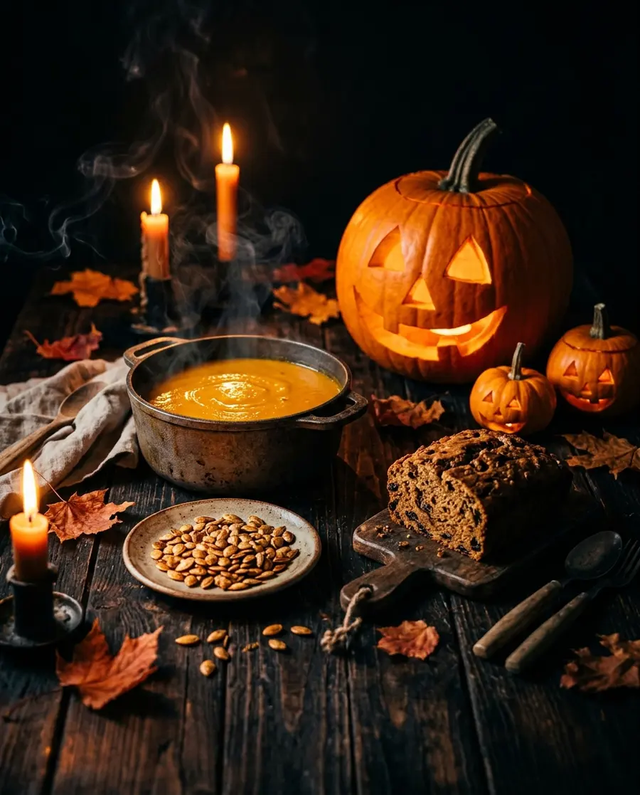 Carved jack-o'-lanterns glowing on a dark table beside pumpkin soup, roasted pumpkin seeds and fruit bread