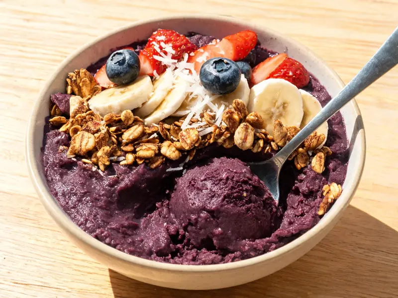 Acai Bowl with frozen acai, banana and frozen blueberries — Brazil recipe