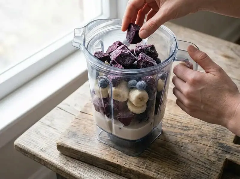 Pezzi di acai congelato a strati con banana e frutti di bosco nel frullatore