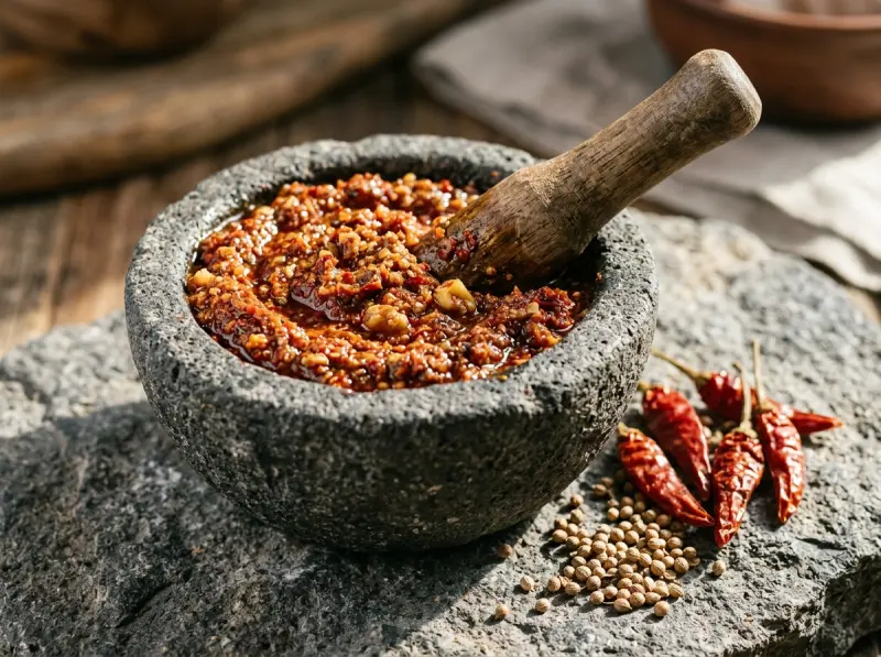 Adjika with hot red peppers, blue fenugreek and ground coriander — Georgia recipe