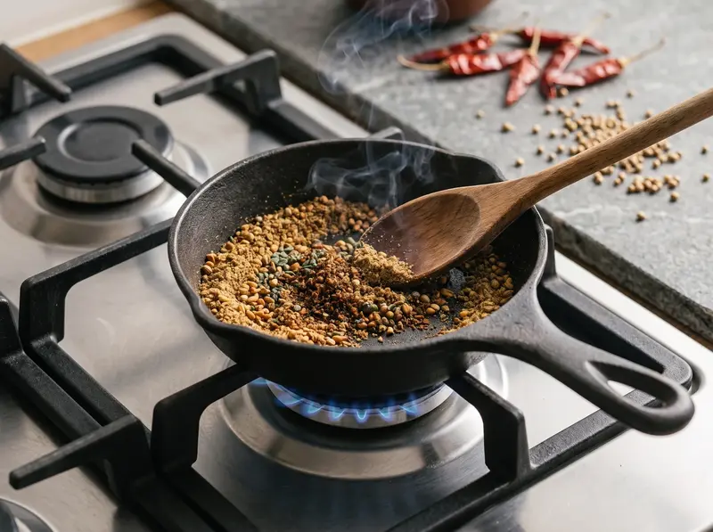 Ground coriander and blue fenugreek toasting to fragrance in a dry pan for adjika