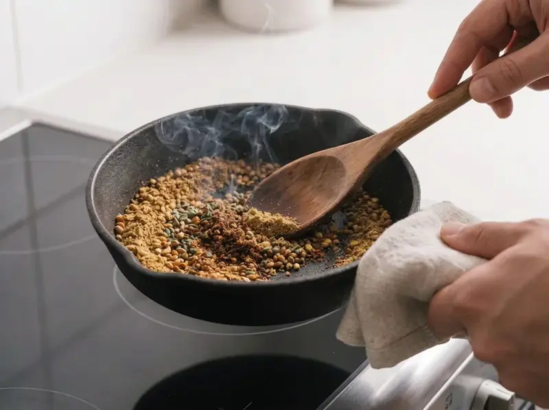 Coriander seeds and spices toasting to fragrance in a dry pan for adjika