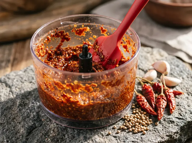 Hot red peppers and garlic ground to a thick scarlet paste in the food processor