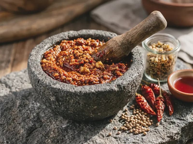 Finished adjika in a stone mortar, thick as red pesto and flecked with crushed walnut