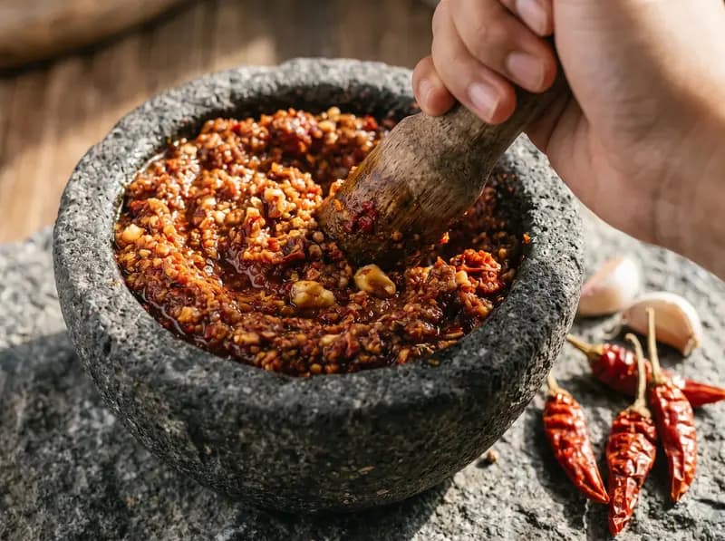 Soaked dried chillies, garlic and coriander pounded into a coarse red paste in a stone mortar for adjika