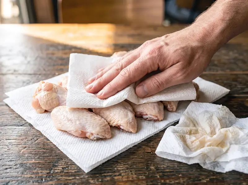 Alitas de pollo crudas secadas por completo con papel antes de sazonar