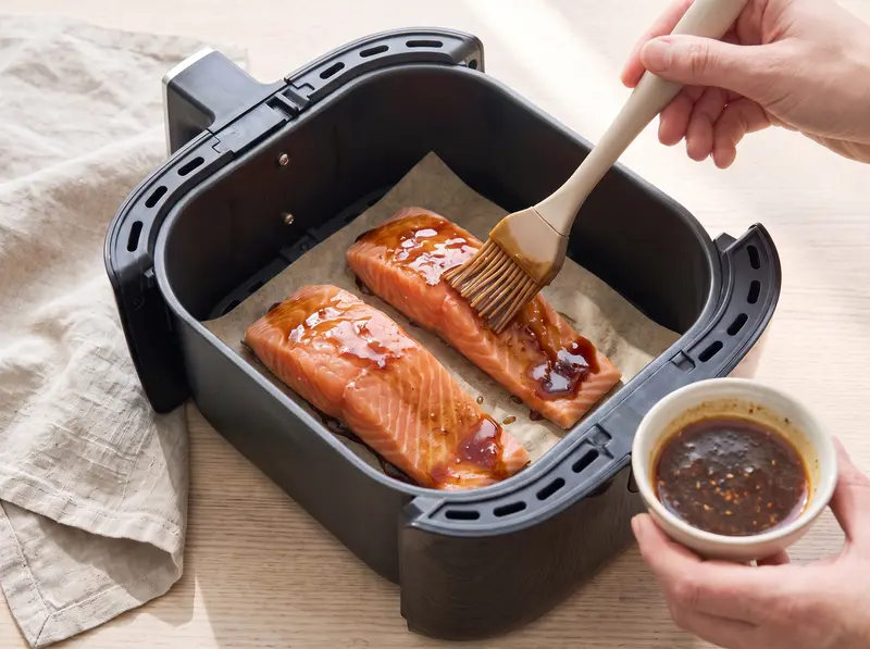 Salmon fillets skin-side down in the air fryer basket, brushed with glaze
