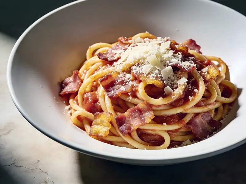 Pasta all'Amatriciana with bucatini or spaghetti, guanciale and tomatoes — Italy recipe