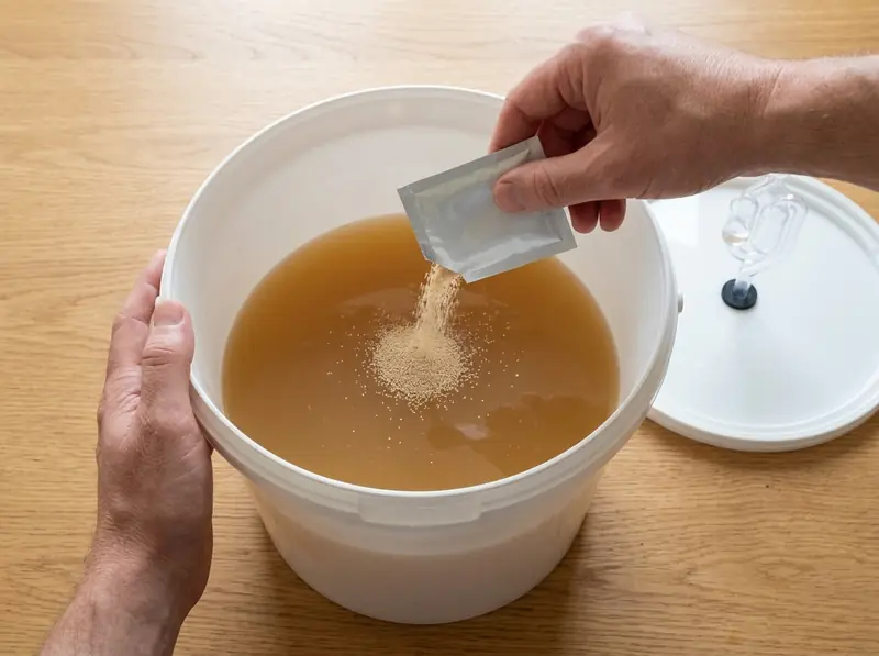 Sidro: lievito secco sparso sul succo di mela torbido in un secchio di fermentazione, accanto il coperchio con gorgogliatore