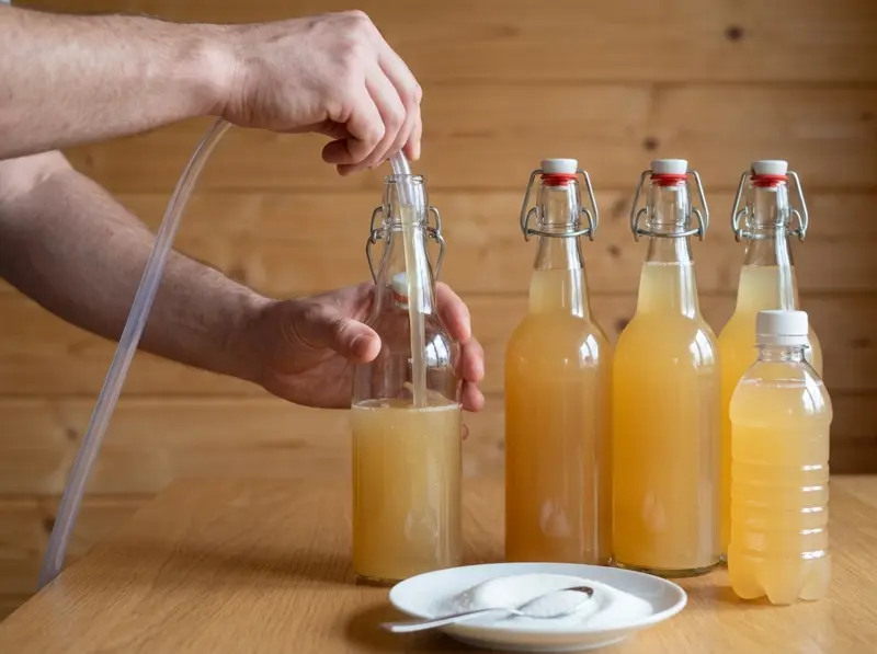 Sidro travasato con un tubo in una bottiglia a tappo meccanico; accanto bottiglie piene chiuse e una di plastica come spia