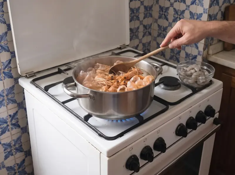 Prawn heads and empty shells simmering into stock for arroz de marisco, peeled prawns set aside