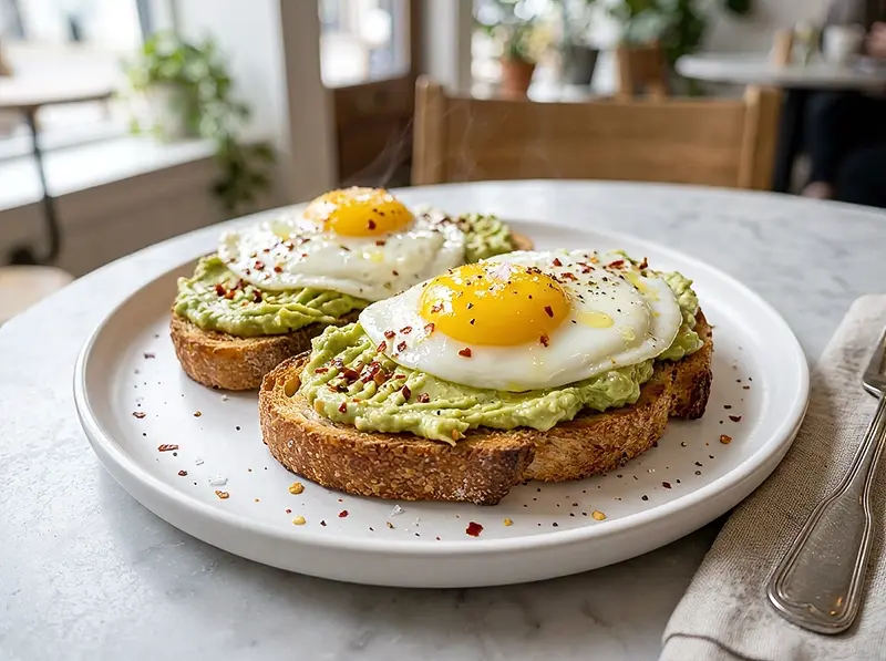 Avocado Egg Toast with thick sourdough slices, avocado and eggs — USA recipe