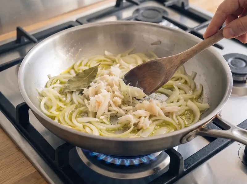 Shredded cod warmed through with garlic and slow-cooked onions