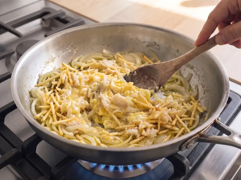 Eggs and straw potatoes folded into creamy bacalhau a Bras off the heat