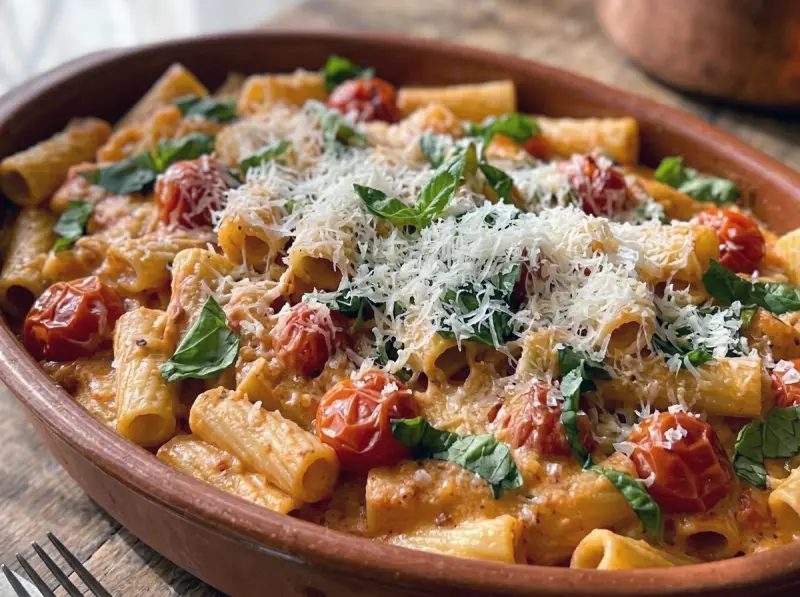 Baked Feta Pasta with pasta, cherry or grape tomatoes and feta cheese — Finland recipe