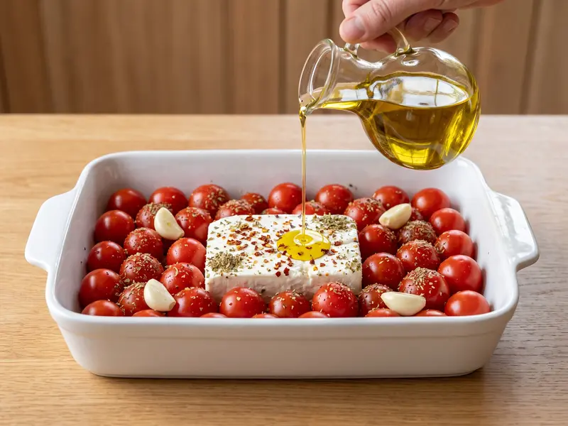 Olivenöl wird aus einem Glaskrug über einen Fetablock, Kirschtomaten und Knoblauch in einer weißen Form gegossen