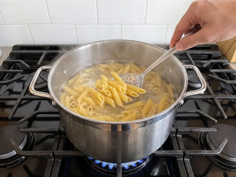 Penne kochen in Salzwasser in einem Stahltopf auf Gas und werden mit einem Schaumlöffel umgerührt
