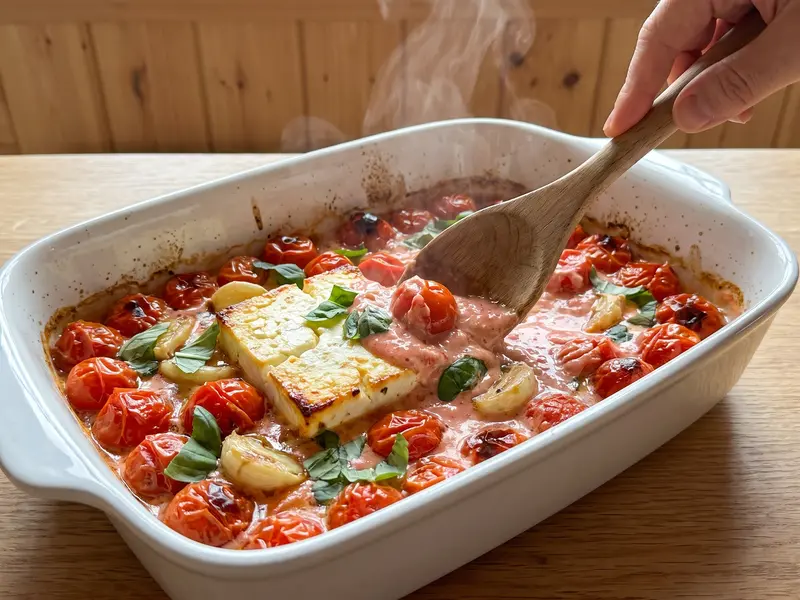 Gebackene Feta-Pasta: Holzlöffel rührt die Sauce um einen goldenen Fetablock, geplatzte Kirschtomaten, Knoblauch, Basilikum