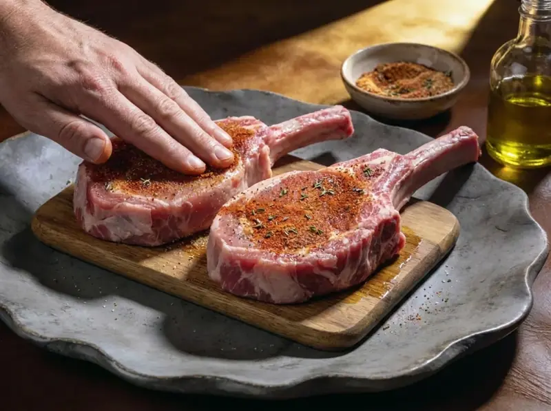Pressing a smoked paprika spice rub onto thick raw bone-in pork chops on a wooden board