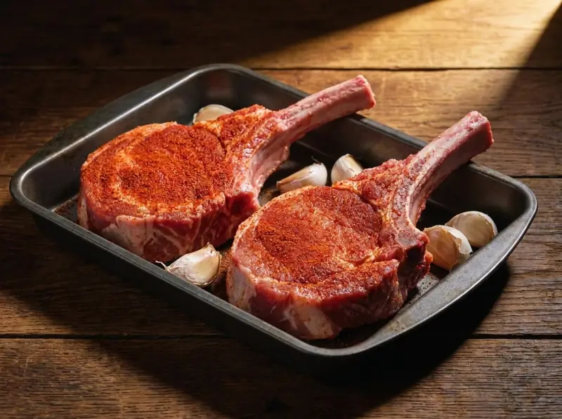 Spice-rubbed raw pork chops in a baking dish with crushed garlic cloves, ready for the oven