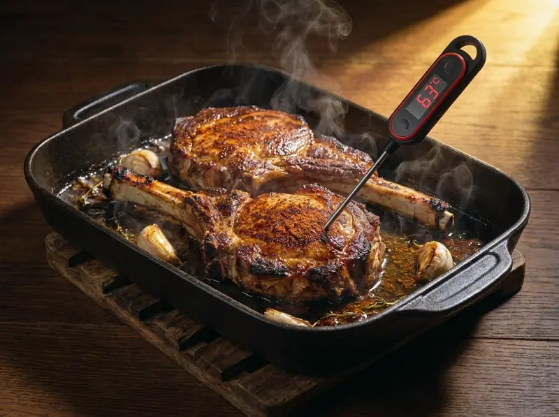 Oven-baked pork chops in the dish with a thermometer reading 63°C in the thickest part