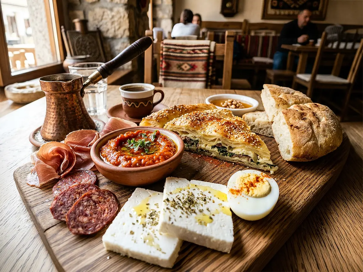 Balkan Breakfast with eggs, feta and sausage — Bulgaria recipe