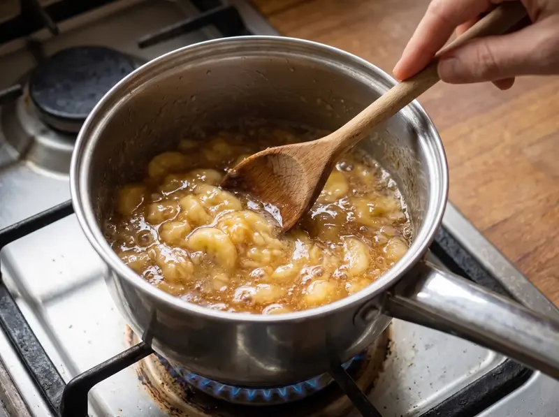 Base di banana e zucchero di canna cotta fino a diventare traslucida per il caffè