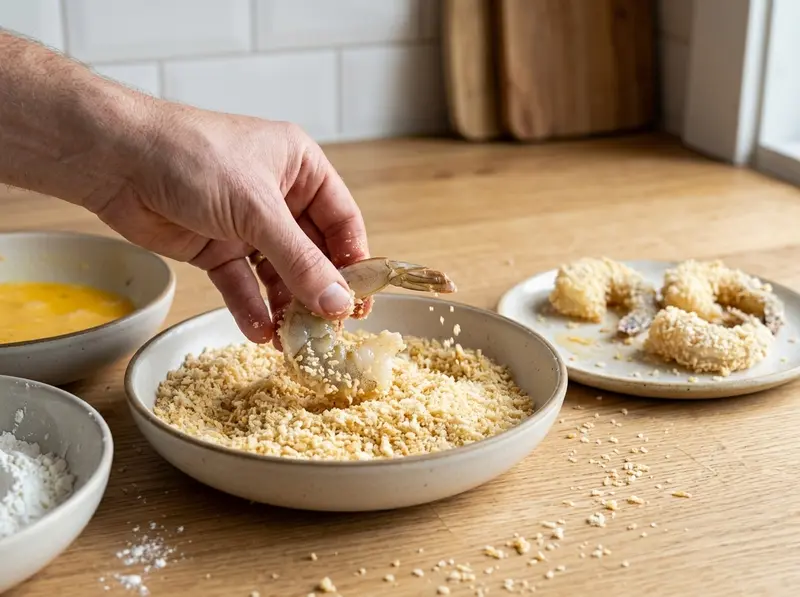Hand drückt eine in Ei getauchte Garnele in Panko, daneben Schalen mit Ei und Speisestärke, für Bang Bang Shrimp