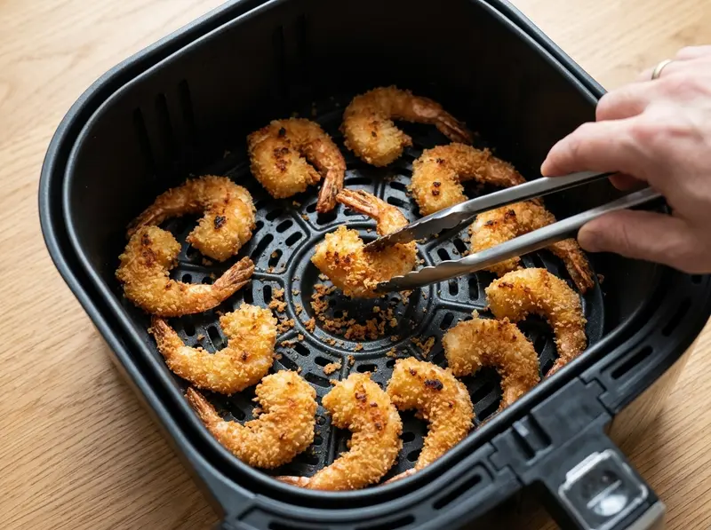 Zange wendet goldgelbe Panko-Garnelen im Korb einer Heißluftfritteuse für Bang Bang Shrimp