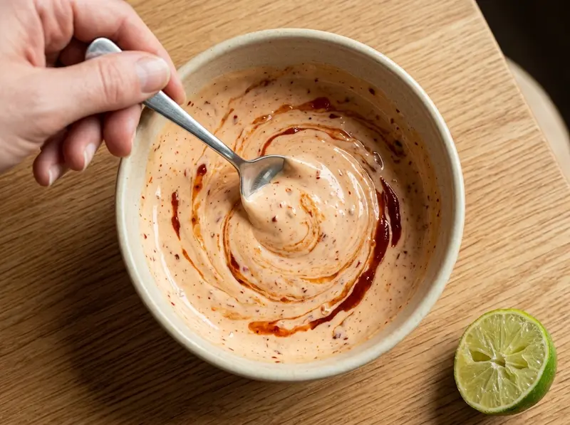 Löffel verrührt Mayonnaise, süße Chilisauce und Sriracha zur cremigen Bang-Bang-Sauce
