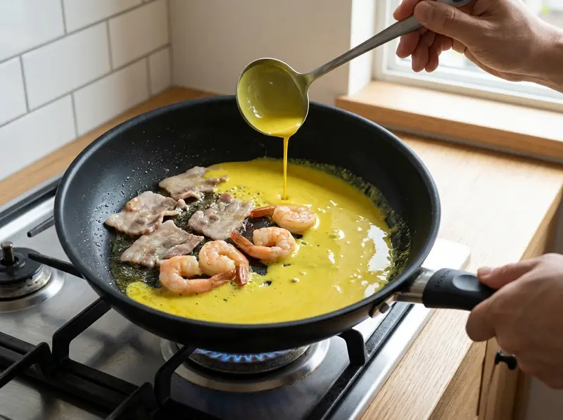 Pastella gialla di riso e curcuma per il bánh xèo versata con un mestolo in padella attorno a fette di pancetta e gamberi