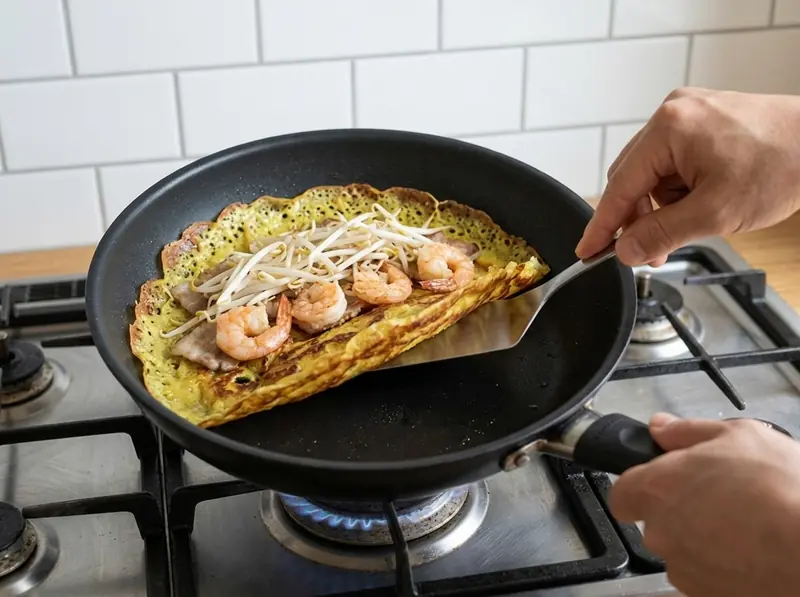 Crêpe croccante di bánh xèo con gamberi, maiale e germogli di soia piegata a metà con una spatola in padella