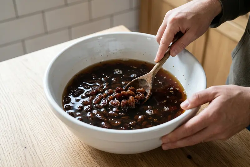 Barmbrack: plump raisins soaking in strong black tea in a large white bowl, stirred with a wooden spoon