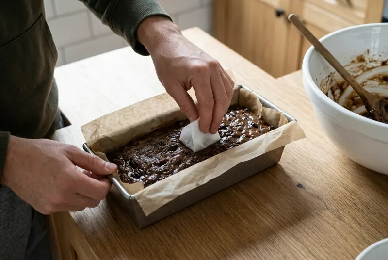 Barmbrack: a small paper-wrapped piece being pushed into the batter in a paper-lined loaf tin
