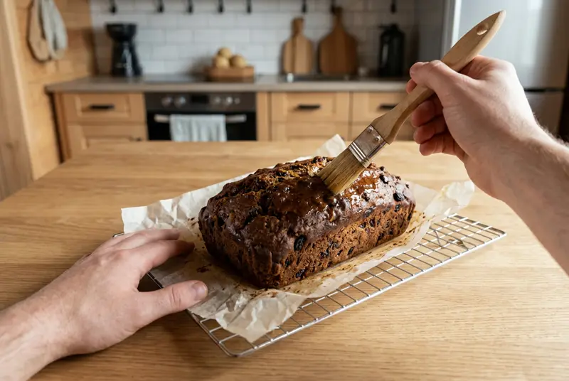 Barmbrack: honey brushed over the top of the baked loaf on a wire rack, glossy where brushed