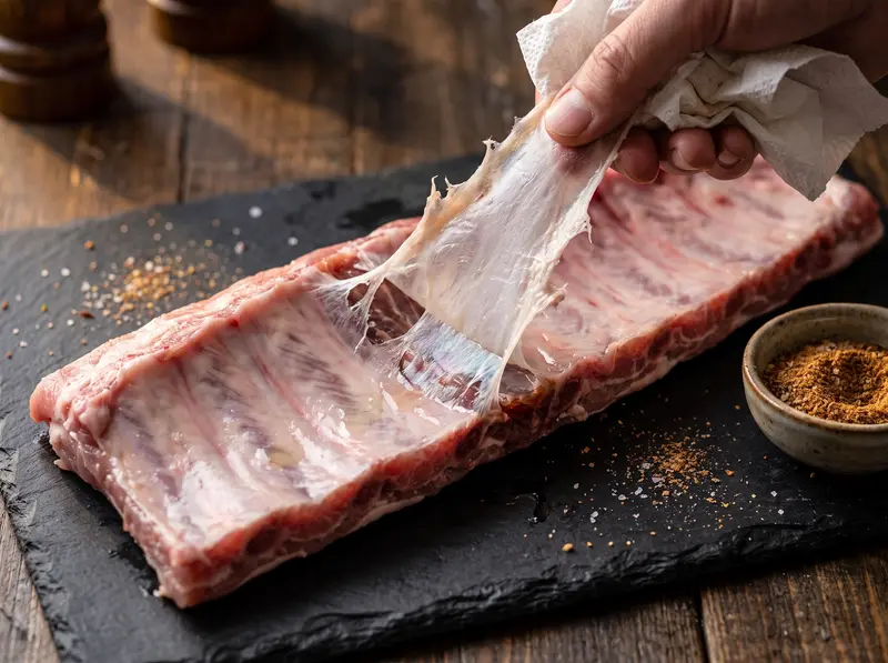Hands peeling the silver membrane off a raw rack of baby back ribs on slate, a bowl of dry rub beside them