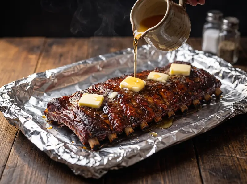 Smoked baby back ribs on heavy foil topped with pats of butter as apple juice is poured over before wrapping