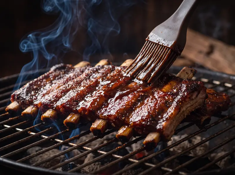 Silicone brush glazing baby back ribs with dark barbecue sauce over glowing coals, thin blue smoke rising