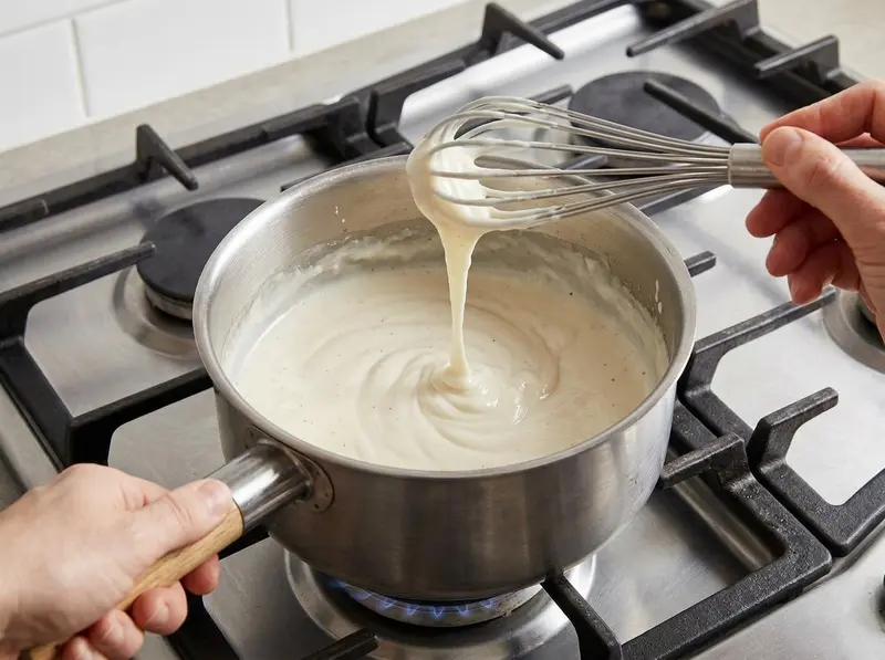 Besciamella: si solleva una frusta e un nastro denso di salsa bianca liscia ricade nel pentolino