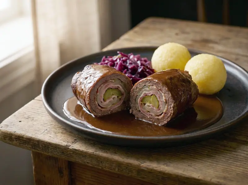 Rinderrouladen (German Beef Roulades) with beef, bacon and dill pickles — Germany recipe