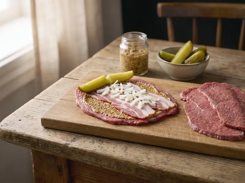 A pounded beef slice for Rinderrouladen spread with mustard and layered with bacon, onion and a pickle at one end