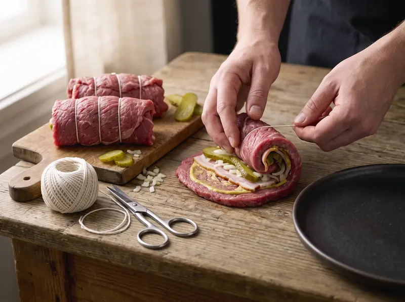 Rinderrouladen being rolled up and tied with kitchen string, two finished rolls already on the board