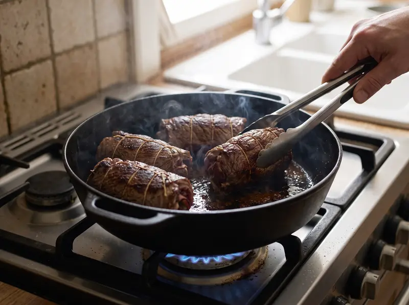 Tied Rinderrouladen browning deep brown in a cast-iron pan on the burner, dark fond forming underneath