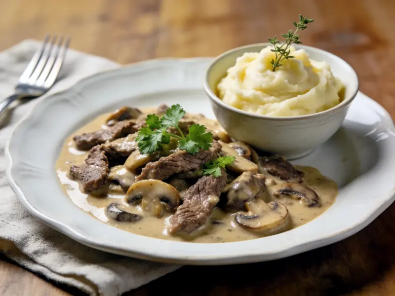 Beef Stroganoff with beef, onion and cream — Russia recipe