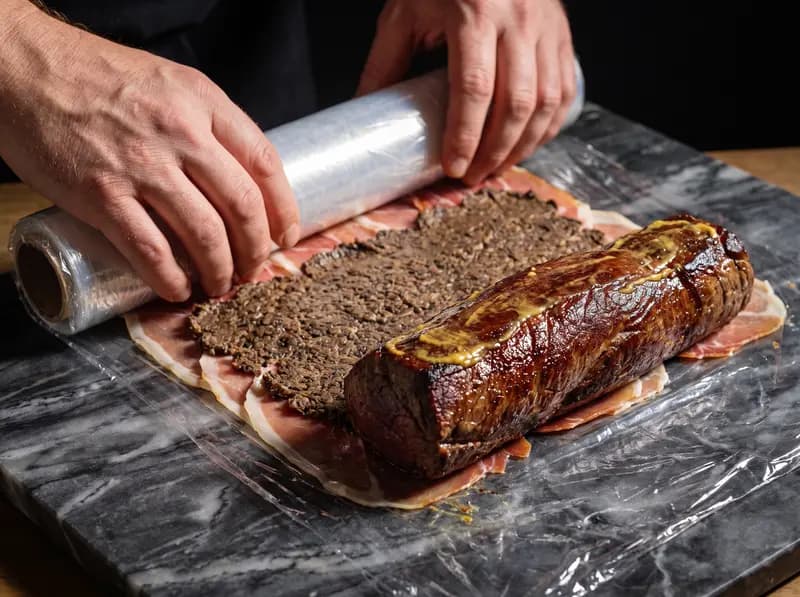 Beef Wellington: le mani arrotolano la pellicola sul prosciutto spalmato di duxelles; accanto il filetto rosolato