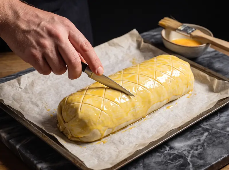 Beef Wellington: un coltello incide rombi sulla pasta sfoglia spennellata d'uovo sulla teglia