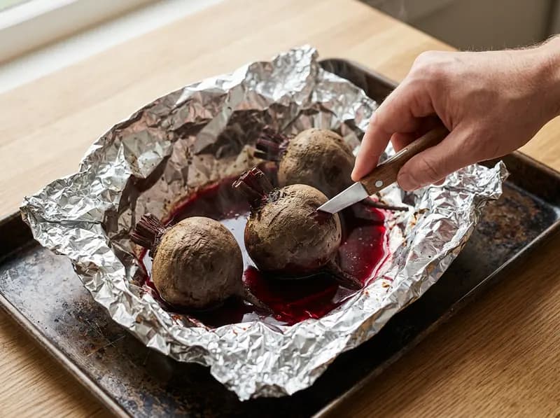 Knife testing roasted whole beets in an opened foil packet for beet and goat cheese salad