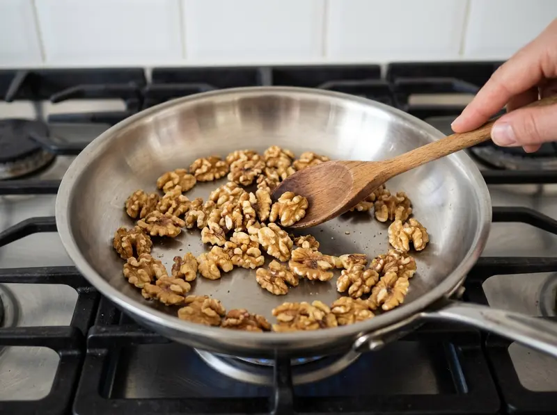 Wooden spoon stirring walnuts toasting in a dry steel pan on a gas stove for beet salad