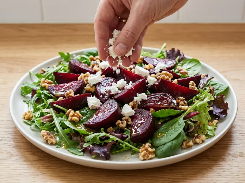 Hand crumbling goat cheese over roasted beet wedges, salad leaves and walnuts on a platter