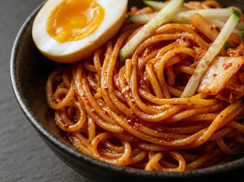 Bibim Guksu (Korean Spicy Cold Noodles) with somyeon or thin wheat noodles, gochujang and kimchi — Korea recipe